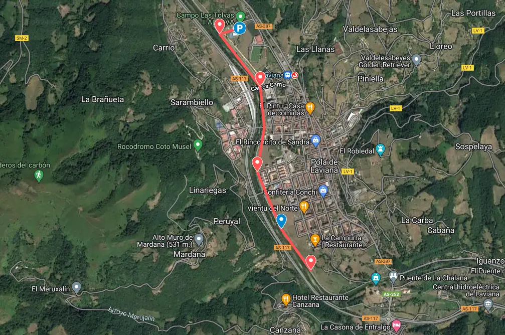 Senda Pola de Laviana a La Chalana en un mapa Google